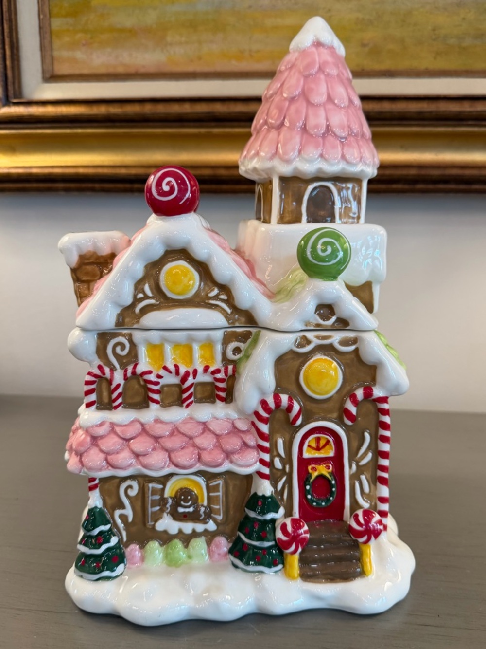 Retired Blue Sky Clayworks Christmas Gingerbread Ceramic House Cookie Jar 12"